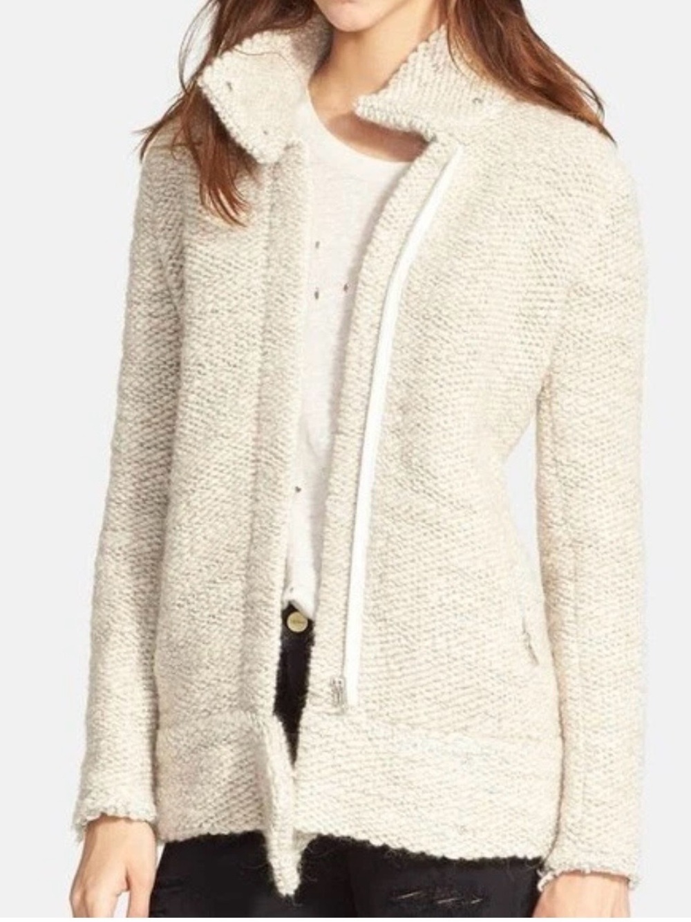 IRO Ajumaspe Chunky Knit Wool Alpaca Moto Jacket Oatmeal FR 36 Small